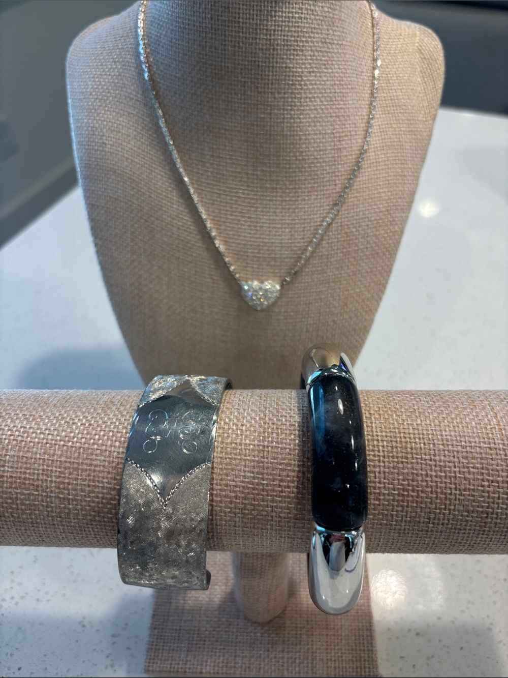 Piece Silver Tone Jewelry Lot - Heart Necklace & 2 Statement Bracelets